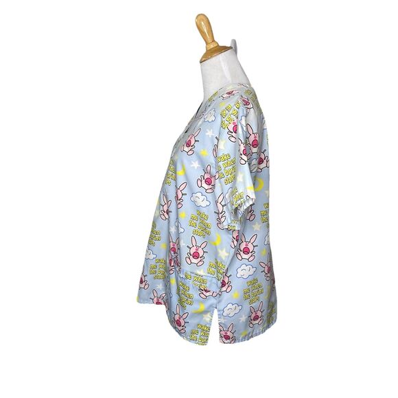 It’s Happy Bunny Jim Benton Scrub Top Women’s Size M Light Blue Pink White - Picture 2 of 6